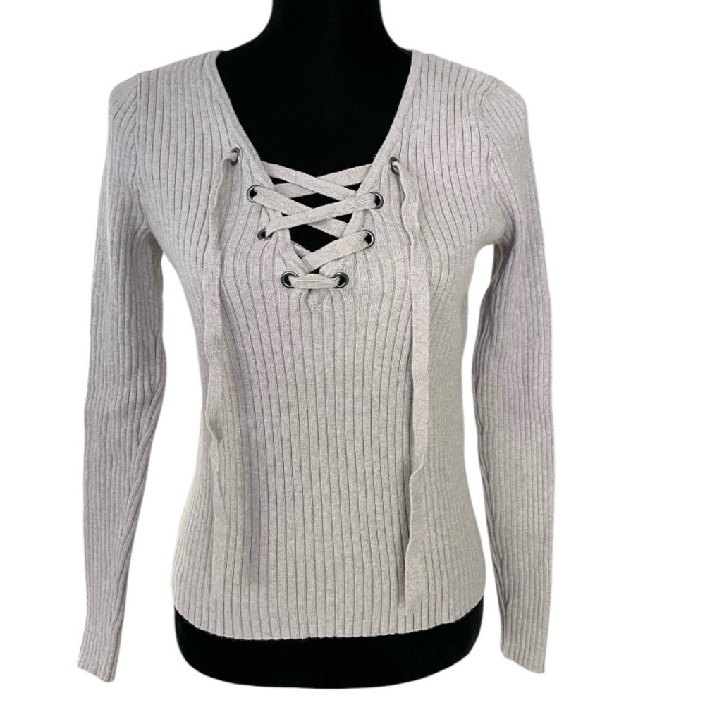 Hollister Womens Long Sleeve Lace up v-neck ribbed Sweater Size L preppy neutral